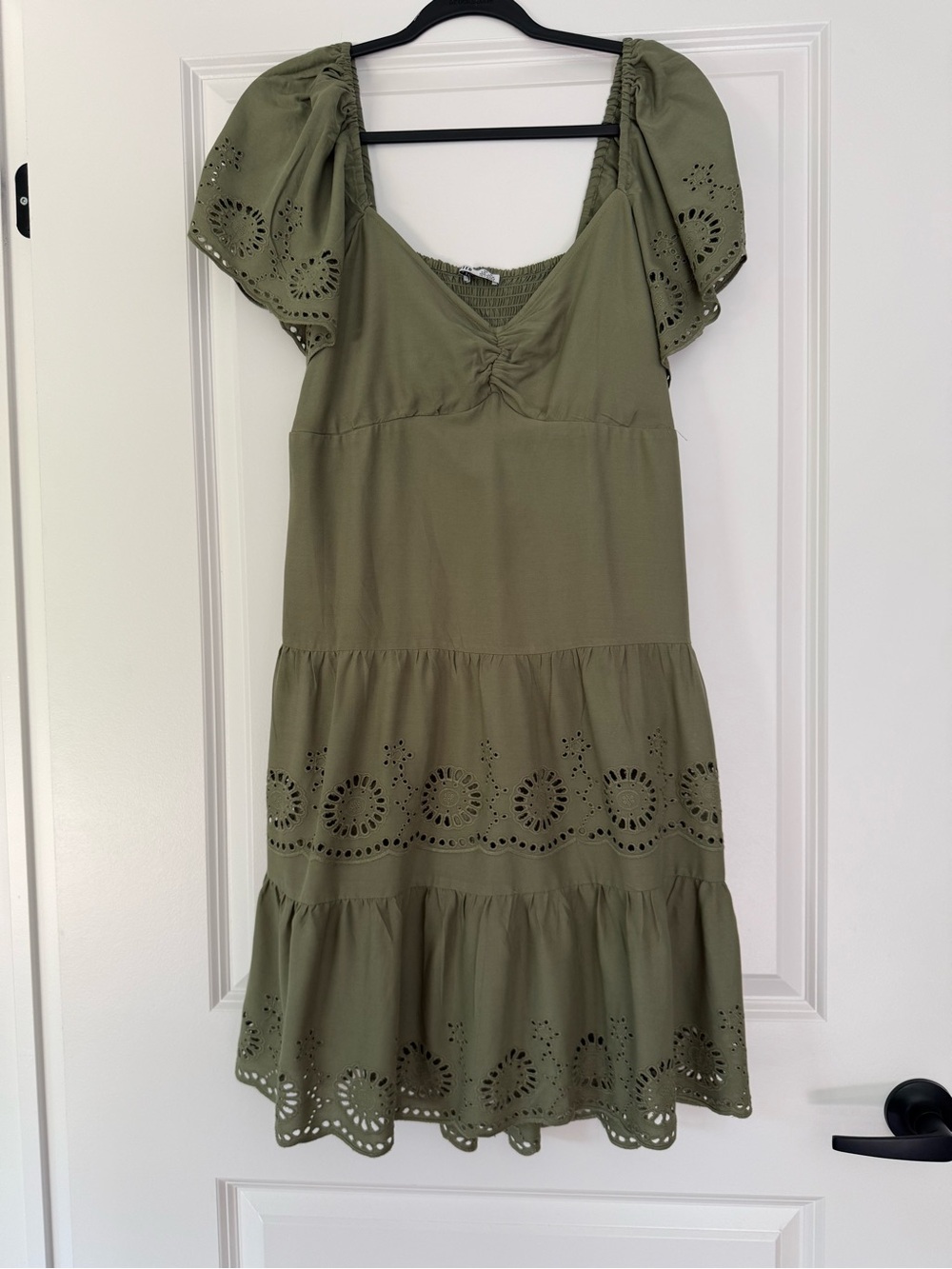 Olive Eyelet Tiered Summer Dress - Women